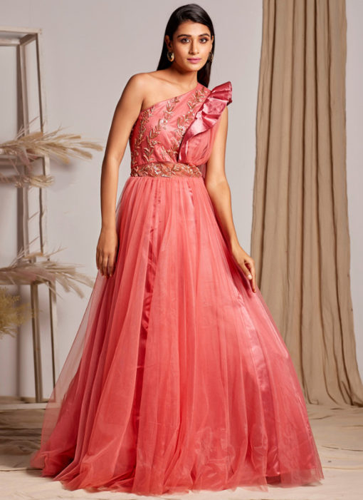 Pink Net Fancy Work Designer Wedding Gown