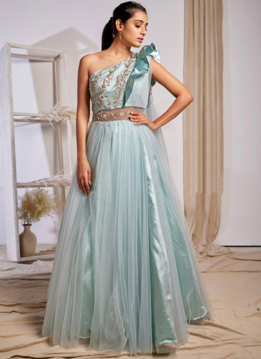 Blue Net Designer Fancy Work Wedding Gown