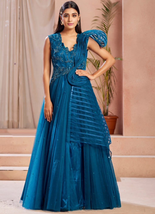 Designer Fancy Work Net Wedding Blue Gown