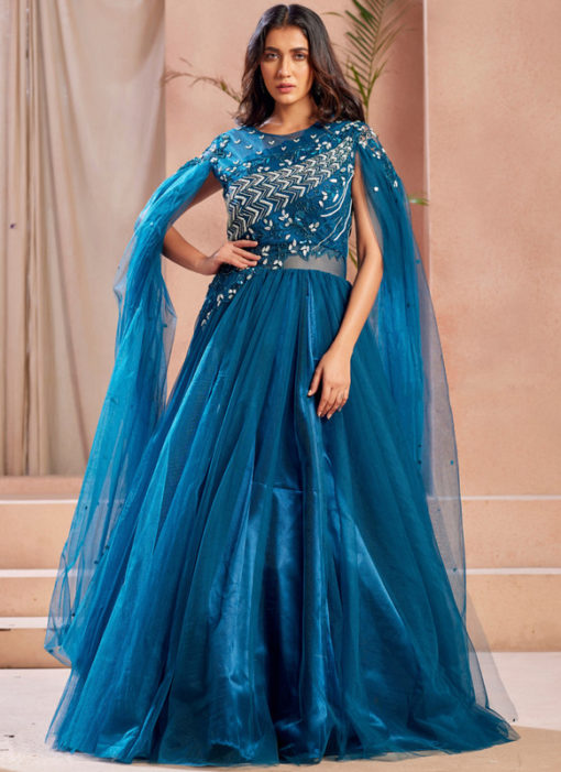 Blue Designer Wedding Net Fancy Gown