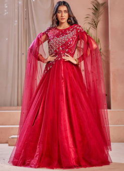 Red Designer Net Fancy Work Wedding Gown