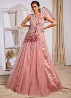 Pink Fancy Work Designer Wedding Net Gown