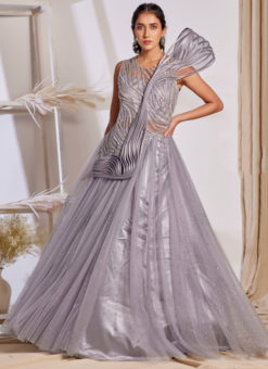 Grey Fancy Work Designer Net Party Wear Gown