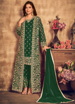Green Net Embroidered Work Designer Jacket Style Salwar Kameez