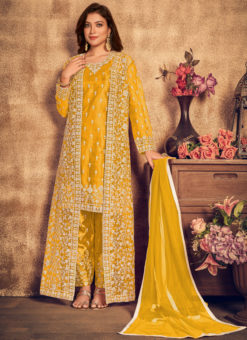 Mustard Net Embroidered Work Jacket Style Designer Salwar Kameez