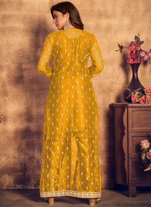 Mustard Net Embroidered Work Jacket Style Designer Salwar Kameez