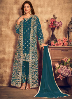 Rama Green Net Designer Embroidered Work Jacket Style Salwar Kameez