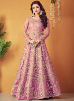 Purple Super Net Embroidered And Diamond Work Designer Anarkali Suit