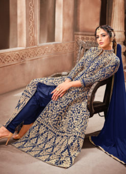 Blue Designer Net Embroidered Work Party Wear Anarkali Suit