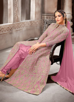 Pink Designer Embroidered Work Party Wear Net Anarkali Suit