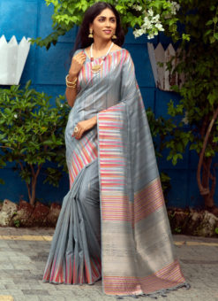 Grey Tussar Silk Printed Traditional Saree