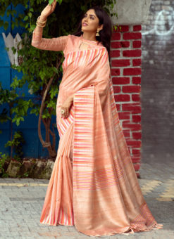 Peach Tussar Silk Printed Traditional Saree
