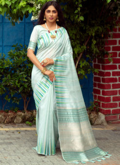 Sky Blue Tussar Silk Printed Traditional Saree