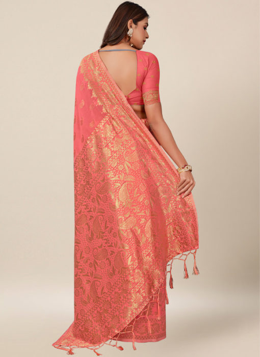 Peach Silk Thread Work Wedding Saree