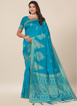 Turquoise Designer Silk Thread Work Wedding Saree