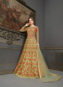 Elegant Mehendi Green Net Designer Embroidered Work Anarkali Suit