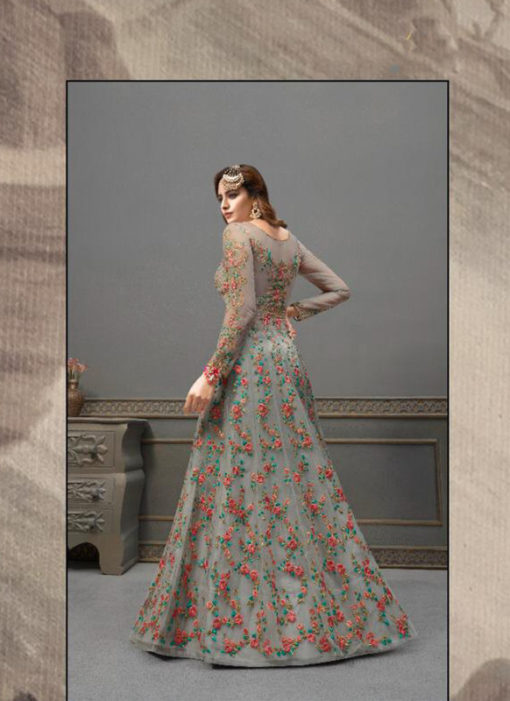 Attractive Grey Designer Net Embroidered Work Anarkali Suit