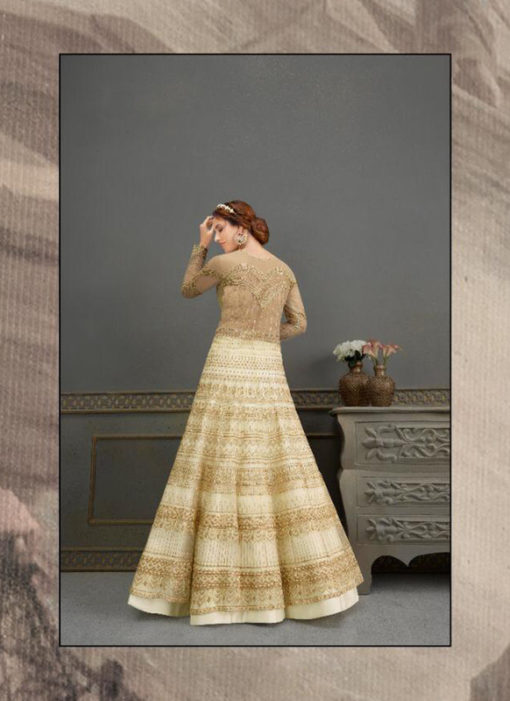 Lovely Cream Net Designer Embroidered Work Anarkali Suit