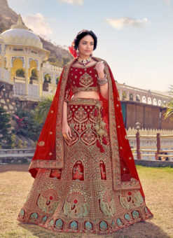 Excellent Red Heavy Work Velvet Wedding Designer Lehenga Choli