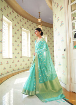 Sky Blue Silk Thread Weaving Wedding Saree