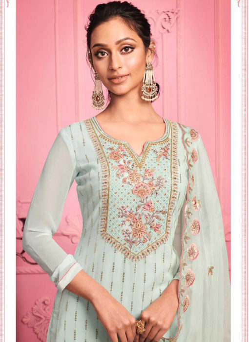 Misty Teal Georgette Embroidered Work Party Wear Salwar Suit
