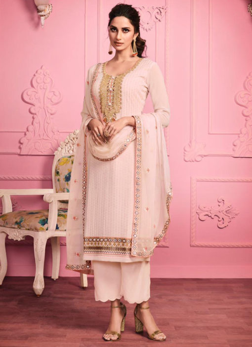 Pale Pink Georgette Embroidered Work Party Wear Salwar Suit
