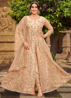 Amazing Golden Designer Embroidered Work Net Anarkali Suit