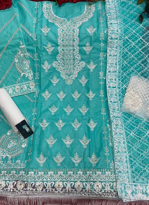 Sea Blue Cotton Embroidered Work Designer Pakistani Suit