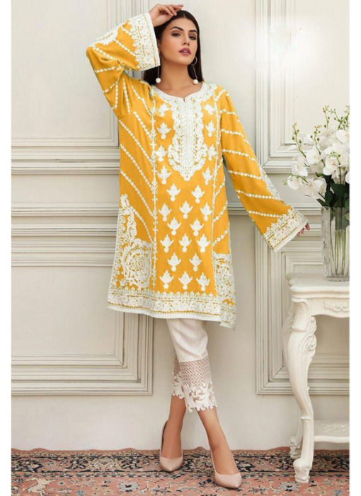 Yellow Cotton Embroidered Work Designer Pakistani Suit