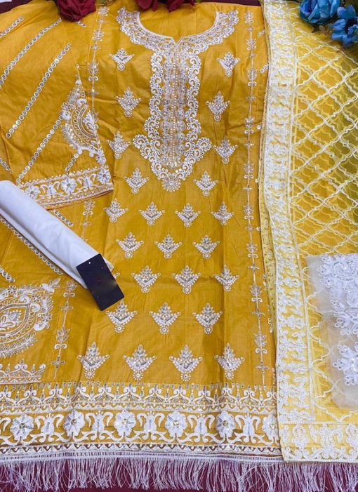 Yellow Cotton Embroidered Work Designer Pakistani Suit