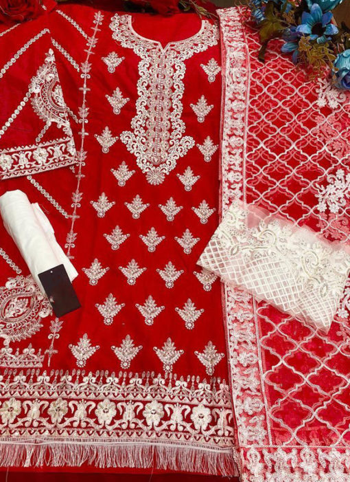 Red Cotton Embroidered Work Designer Pakistani Suit