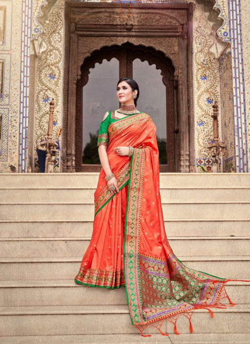 Elegant Peach Soft Silk Designer Weaving Border And Pallu Saree