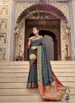 Attractive Grey Soft Silk Designer Weaving Border And Pallu Saree