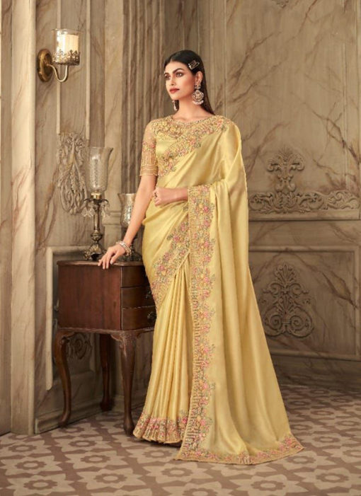 Yellow Silk Embroidered Work Party Wear Saree