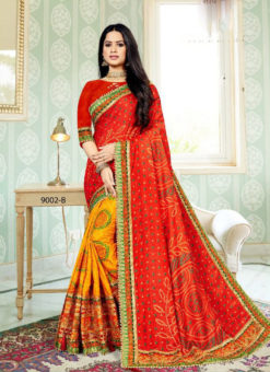 Elegant Red And Yellow Bandhani Print Silk Half N Half Saree