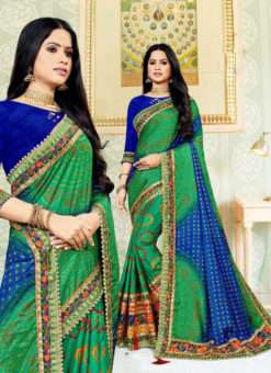 Attractive Green And Blue Bandhani Print Silk Half N Half Saree