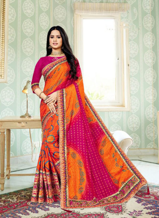 Wonderful Orange And Rani Bandhani Print Silk Half N Half Saree