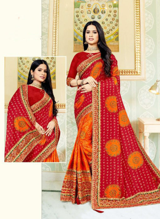 Amazing Red And Orange Silk Bandhani Print Half N Half Saree