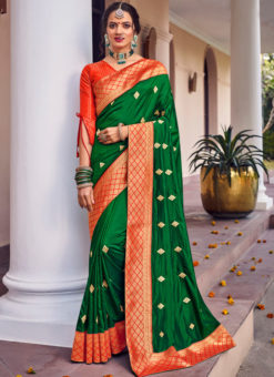 Green Two Tone Dola Silk Zari Embroidered Work Wedding Saree