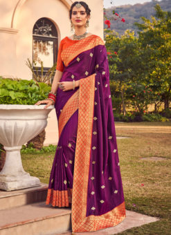 Purple Two Tone Dola Silk Zari Embroidered Work Wedding Saree