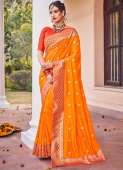 Orange Two Tone Dola Silk Zari Embroidered Work Wedding Saree