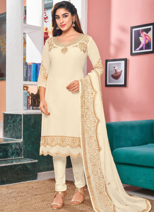 Off White Georgette Embroidered Work Party Wear Churidar Suit