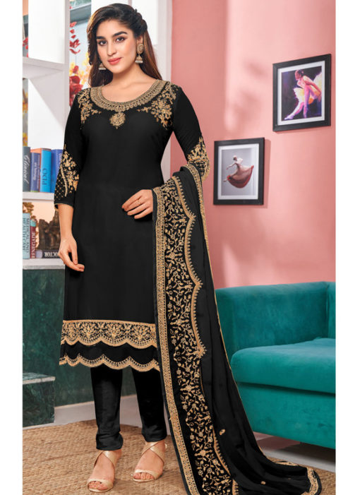 Black Georgette Embroidered Work Party Wear Churidar Suit