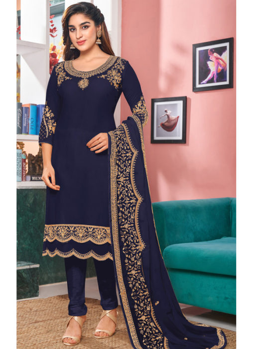 Blue Georgette Embroidered Work Party Wear Churidar Suit