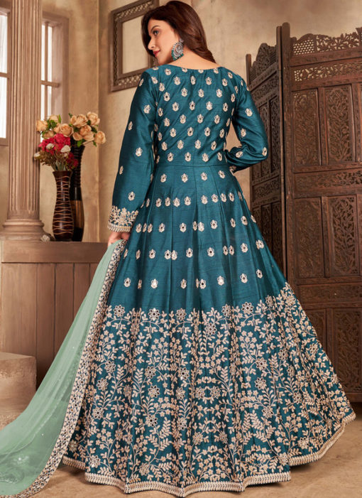Teal Blue Art Silk Mirror Work Designer Anarkali Suit