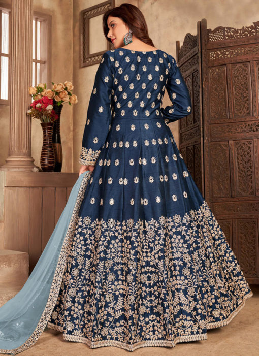Blue Art Silk Mirror Work Designer Anarkali Suit
