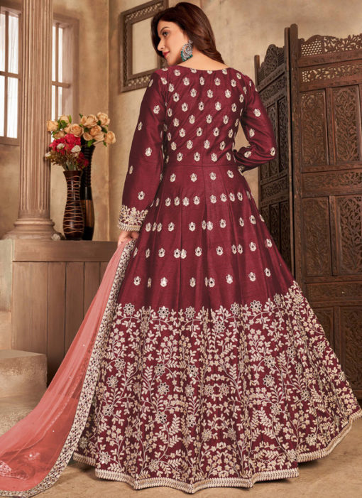 Wine Georgette Embroidered Work Party Wear Churidar Suit