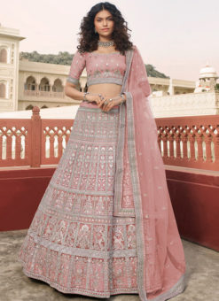 Pink Net Designer Embroidered Work Wedding Lehenga Choli