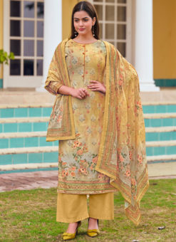 Beautiful Yellow Satin Designer Printed Salwar Kameez