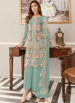 Lovely Sky Blue Net Embroidered Work Designer Pakistani Suit